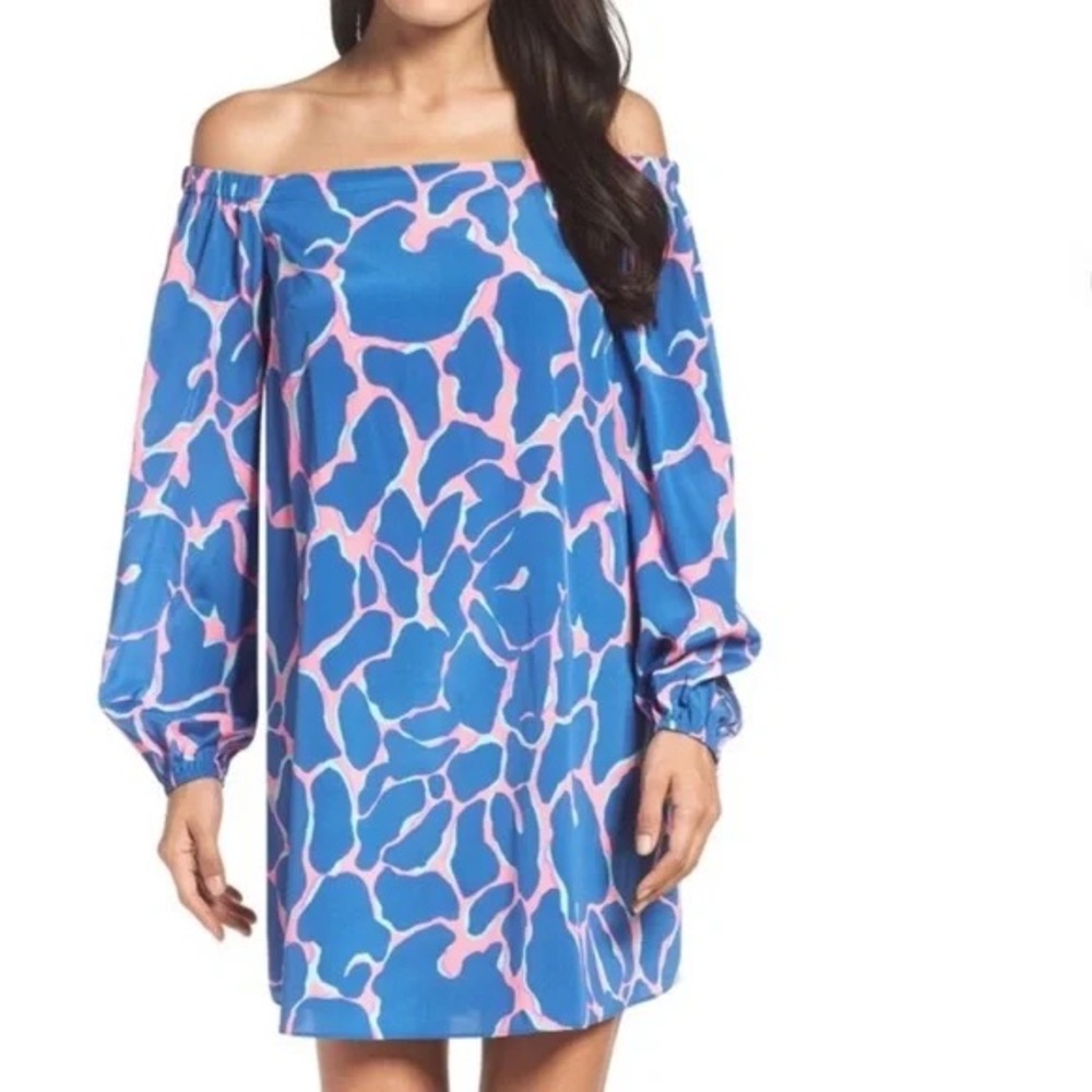 Lilly Pulitzer Adira Dress Sz XSmall Off Shoulder Tiki Pink Broken Shaker Print